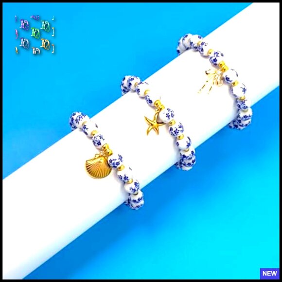 Vintage Floral Beaded Stretch Bracelet Set Handmade Porcelain Boho Charm Jewelry - Picture 7 of 7